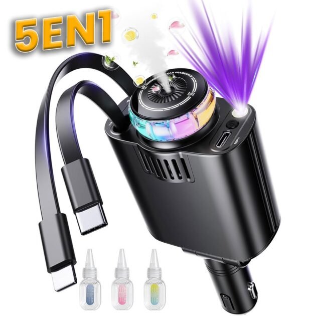 Chargeur de Voiture 5-en-1 Starlight Rétractable - Diffuseur d’Arôme Intégré