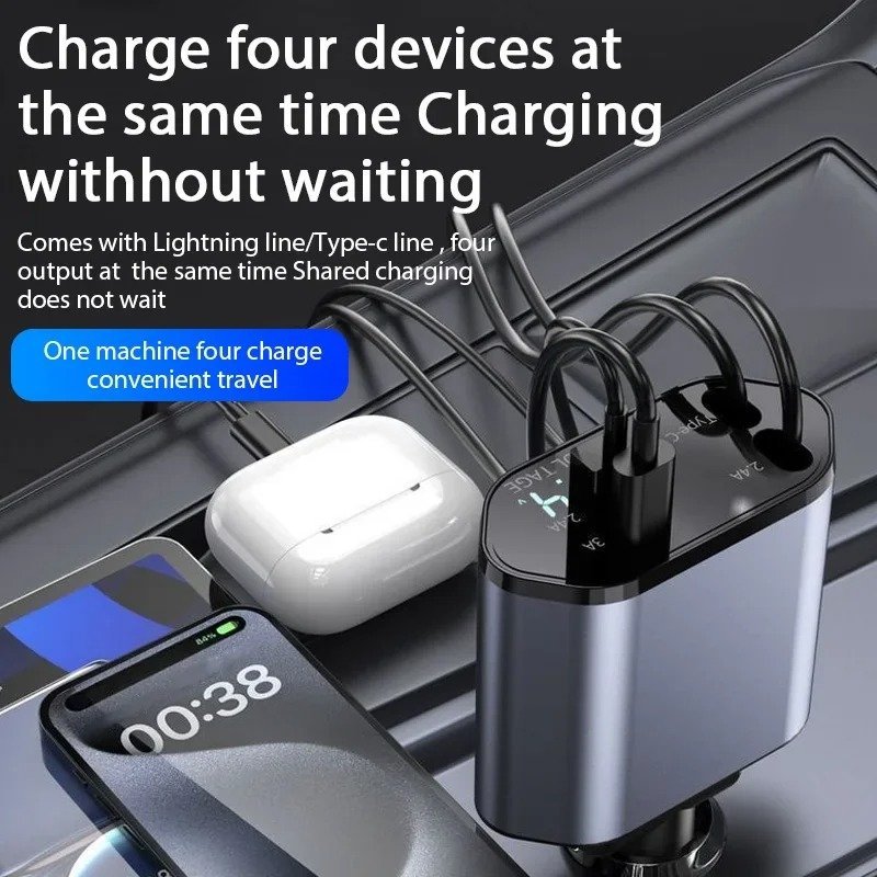 Chargeur Voiture Rétractable 4-en-1 – Câbles Type C & iOS - Image 4