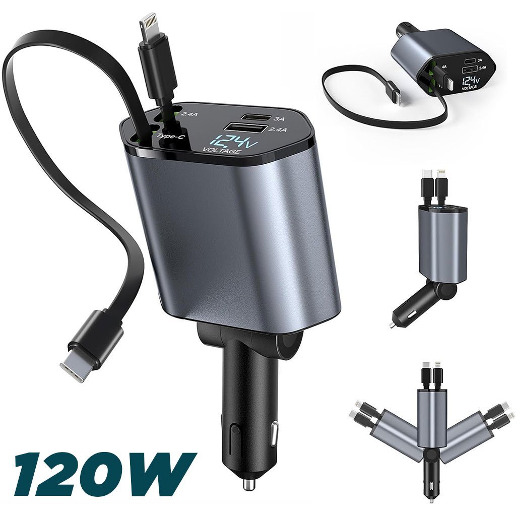 Chargeur Voiture Rétractable 4-en-1 – Câbles Type C & iOS